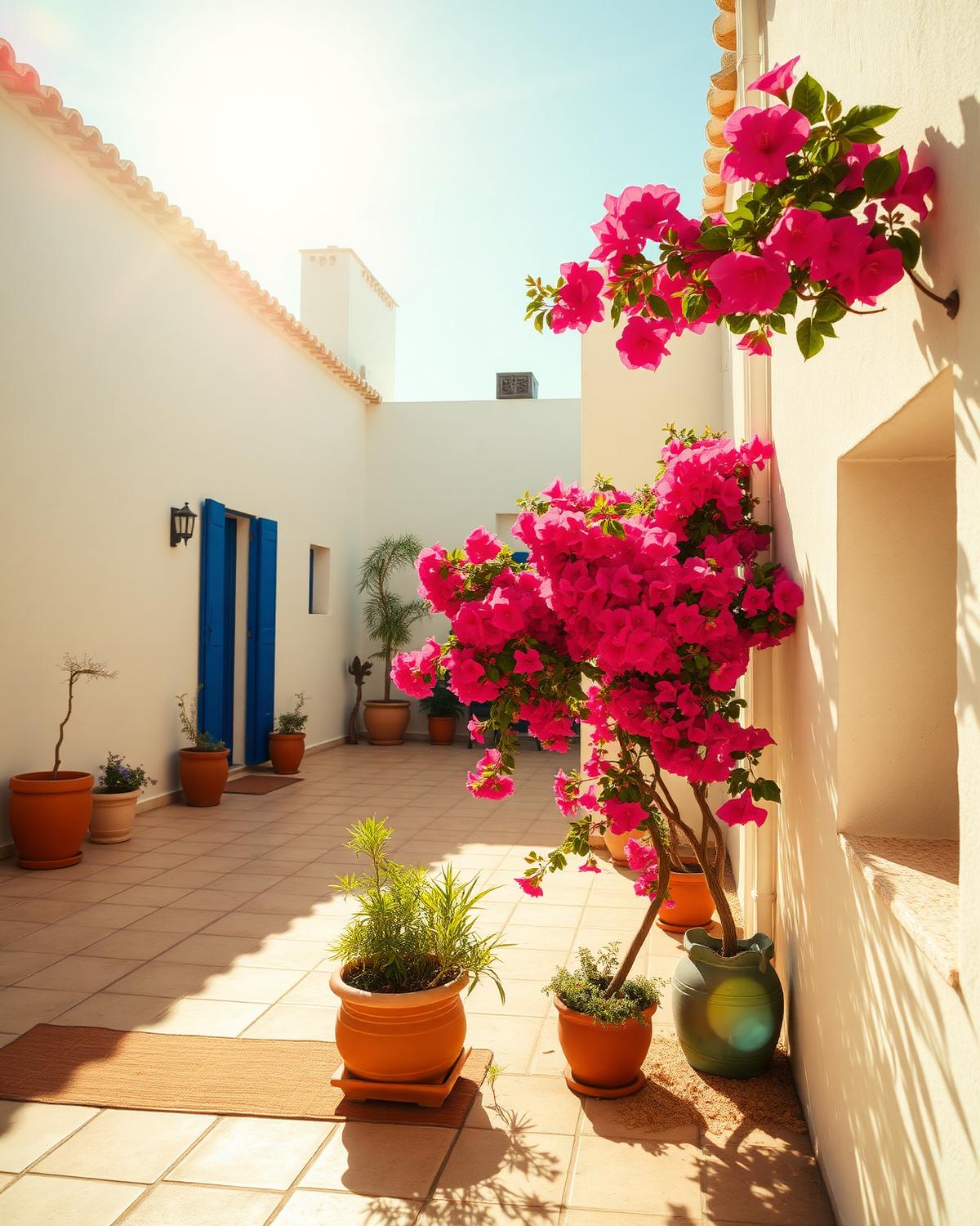 Sunlit Andalusian courtyard with bougainvillea