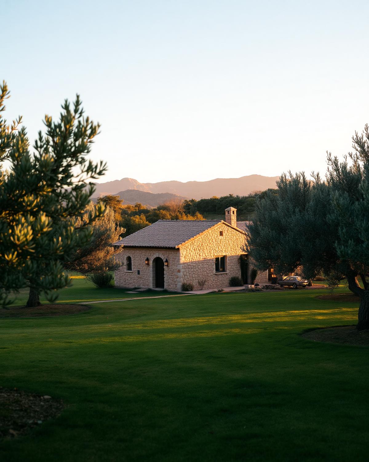 Stone cortijo among olive groves at golden hour